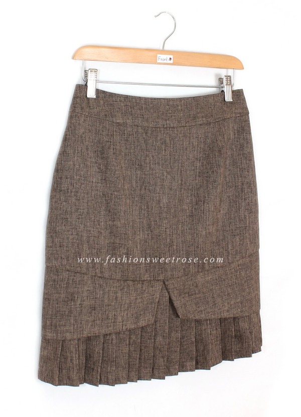 SK-427 กระโปรงแฟชั่น&ทำงาน ทรงสอบ ผ้าคอตต้อนลินินไอริส สีน้ำตาล ชายกระโปรงจับจีบรอบตัว
