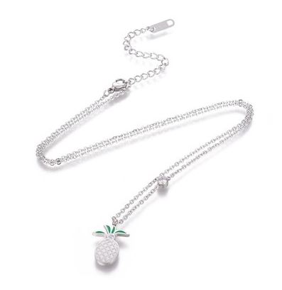 สร้อยคอสแตนเลส 304 สีสแตนเลส พร้อมจี้พลอยรูปสัปปะรด ยาว 17.1"(43.5cm); แพ็ค 10 เส้น พรีออเดอร์