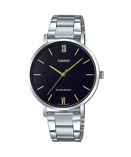 CASIO Standard รุ่น LTP-VT01D-1BUDF สีเงิน หน้าปัดดำ สายสแตนเลส สินค้าใหม่ ของแท้ รับประกันศูนย์ CMG