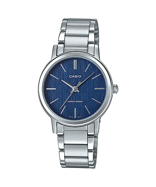 CASIO Standard รุ่น LTP-E145D-2ADF สีเงิน หน้าปัดน้ำเงิน สายสแตนเลส สินค้าของเเท้