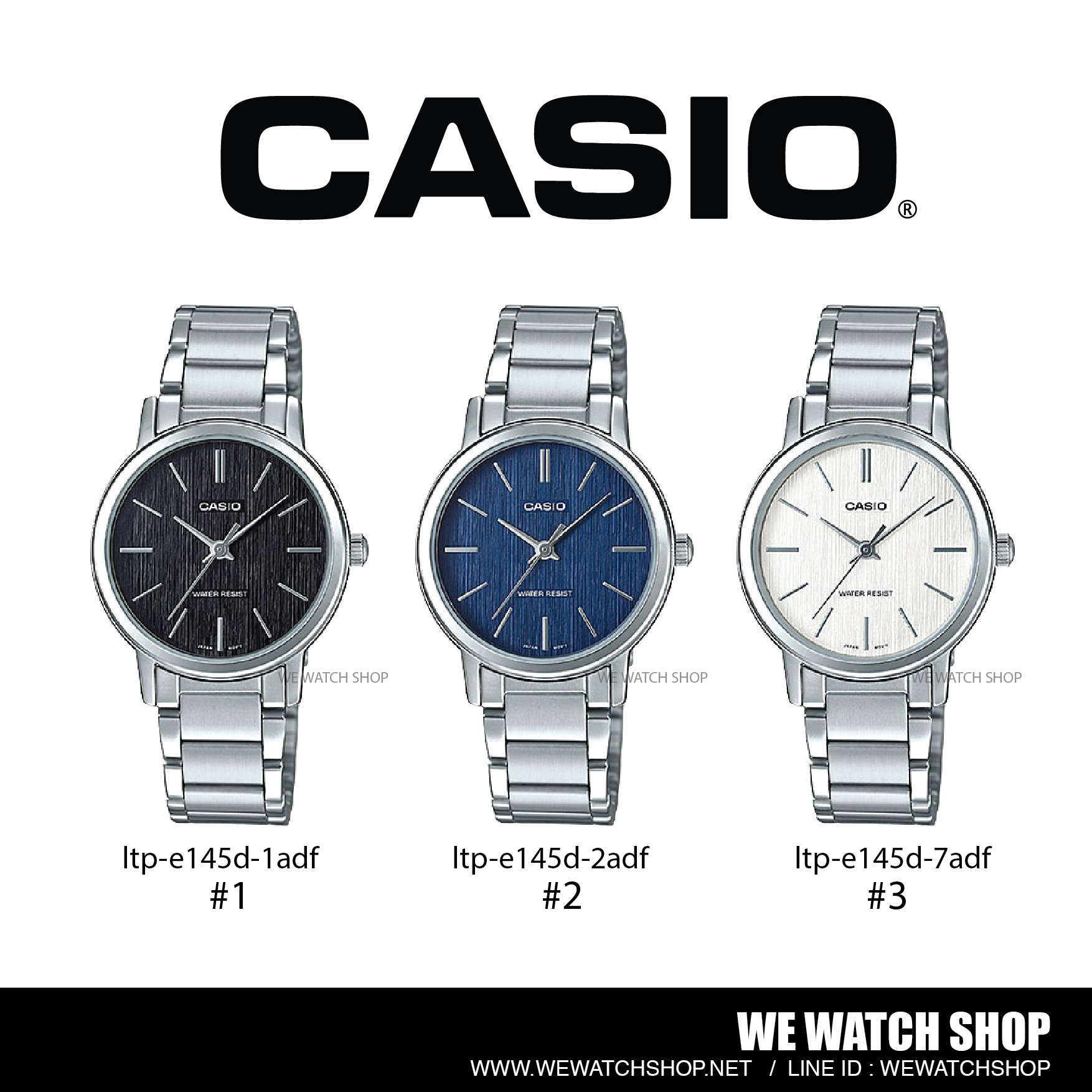 CASIO Standard รุ่น LTP-E145D-7ADF สีเงิน หน้าปัดขาว สายสแตนเลส สินค้าของเเท้
