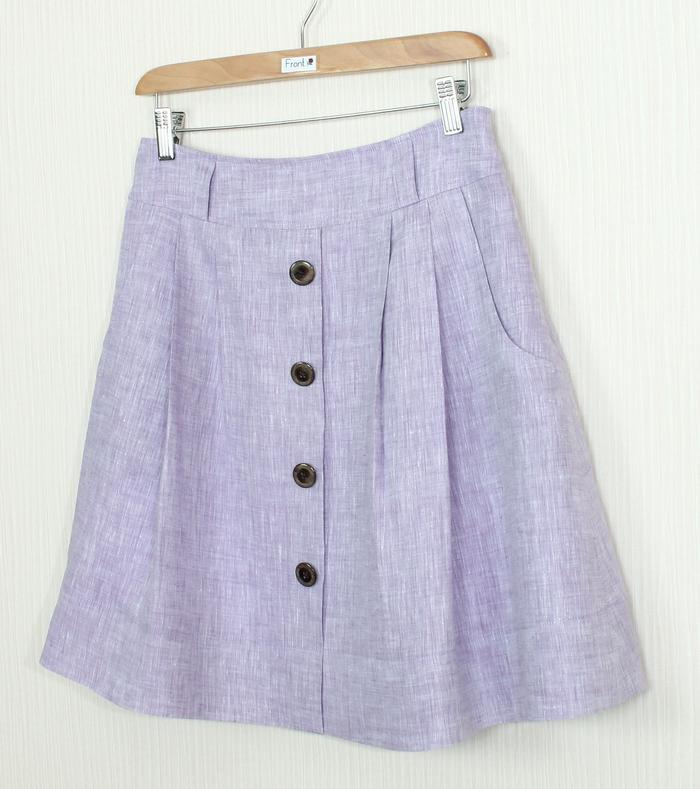 SK-241 กระโปรงแฟชั่น&ทำงาน ทรงบาน ผ้าลินินญี่ปุ่นสีม่วงอ่อน มีกระเป๋าล้วงได้ 2 ข้าง