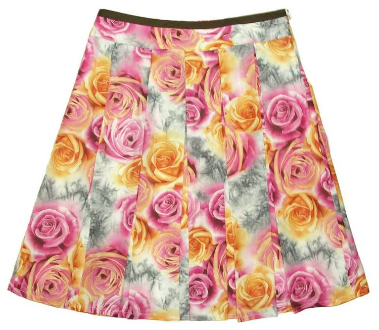SK-090 กระโปรงแฟชั่น&ทำงาน ทรงบาน ผ้าพิมพ์ลายดอกกุหลาบสีชมพูเหลือง