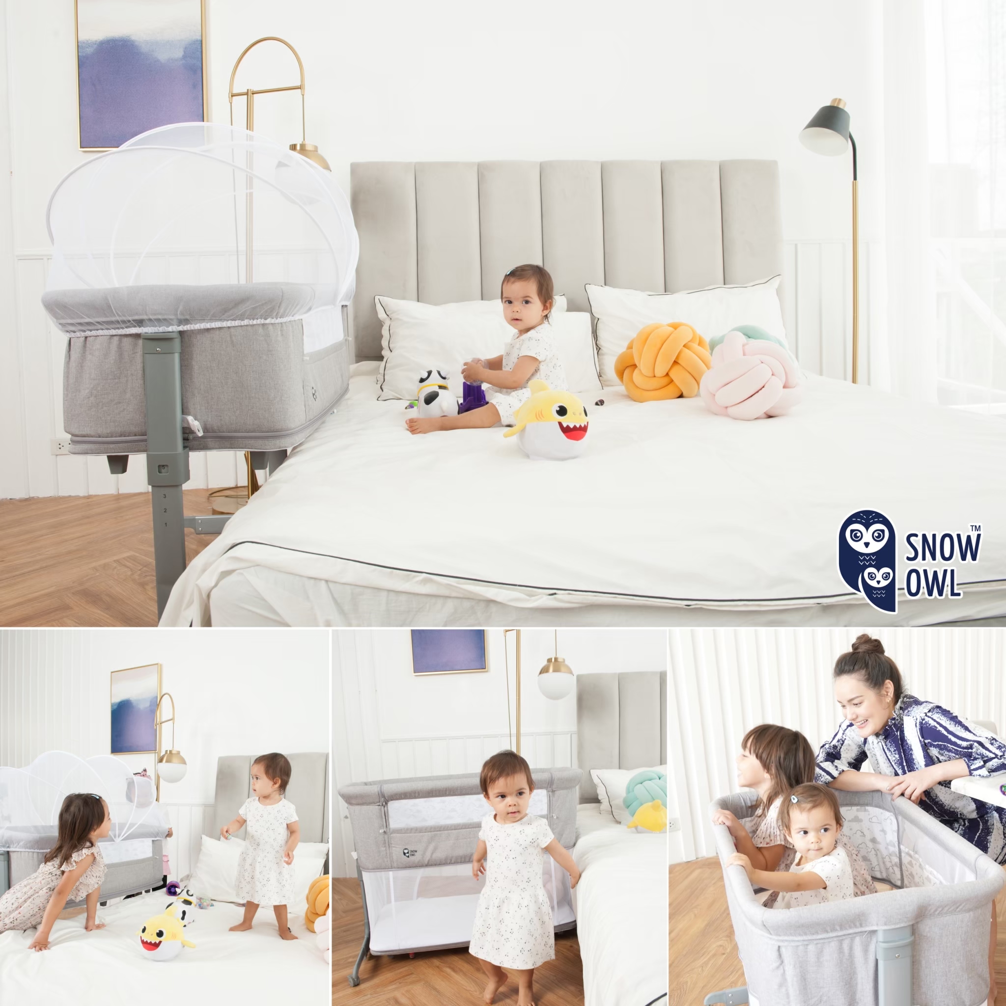 SNOW OWL™ BABY BEDSIDE CRIB เตียงนอนเด็ก All in One สี GREY มีขาโยกได้