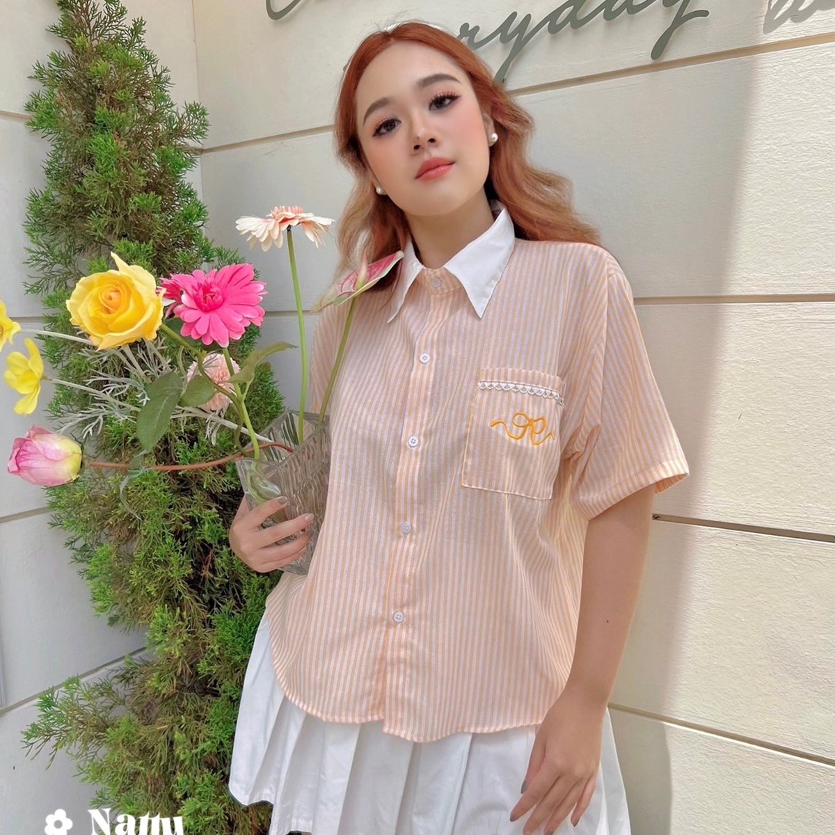 J025 เสื้อเชิ้ตคอปก สาวอวบ ผ้าลายริ้ว อกได้ถึง50นิ้ว