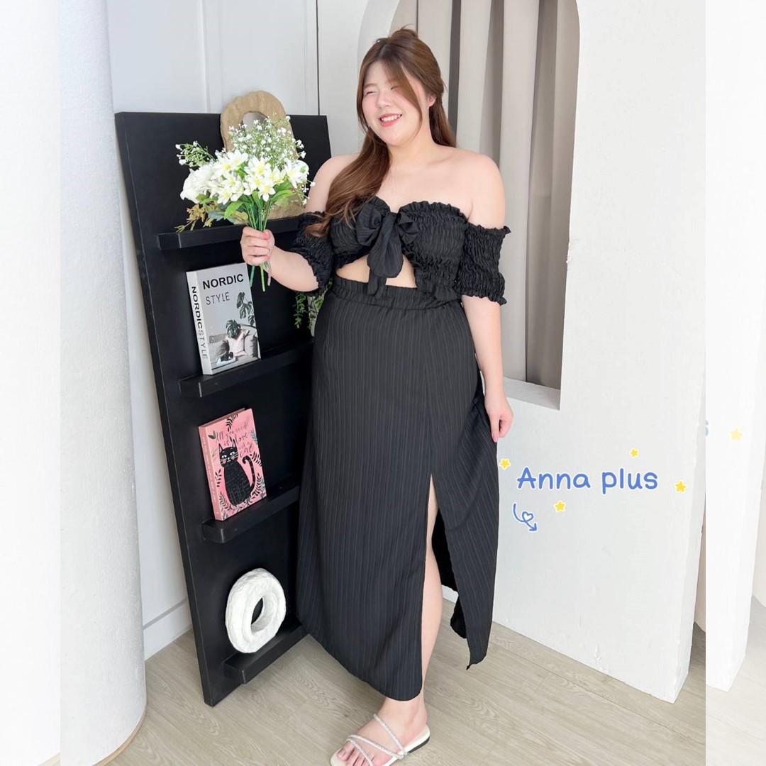 A145 ชุดเซ็ท สาวอวบ plus size งาน3ชิ้น เสื้อเกาะอก กระโปรง ผ้าผูกอกหรือผูกผม ขาว ดำ ฟ้า น้ำตาล อก40-50 นิ้ว