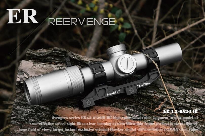 กล้องติดปืน กันน้ำ กันกระแทก มีไฟเส้นเล็ง 2 สี T-EAGLE ER 1.2-6X24 IR HK SILVER