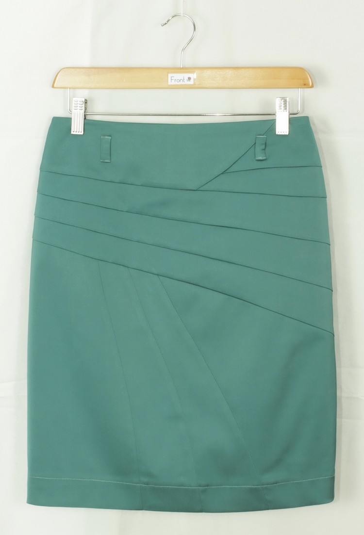 SK-128 กระโปรงแฟชั่น&ทำงาน ทรงสอบแบบตัดต่อ ผ้าญี่ปุ่นสีเขียวอมฟ้า