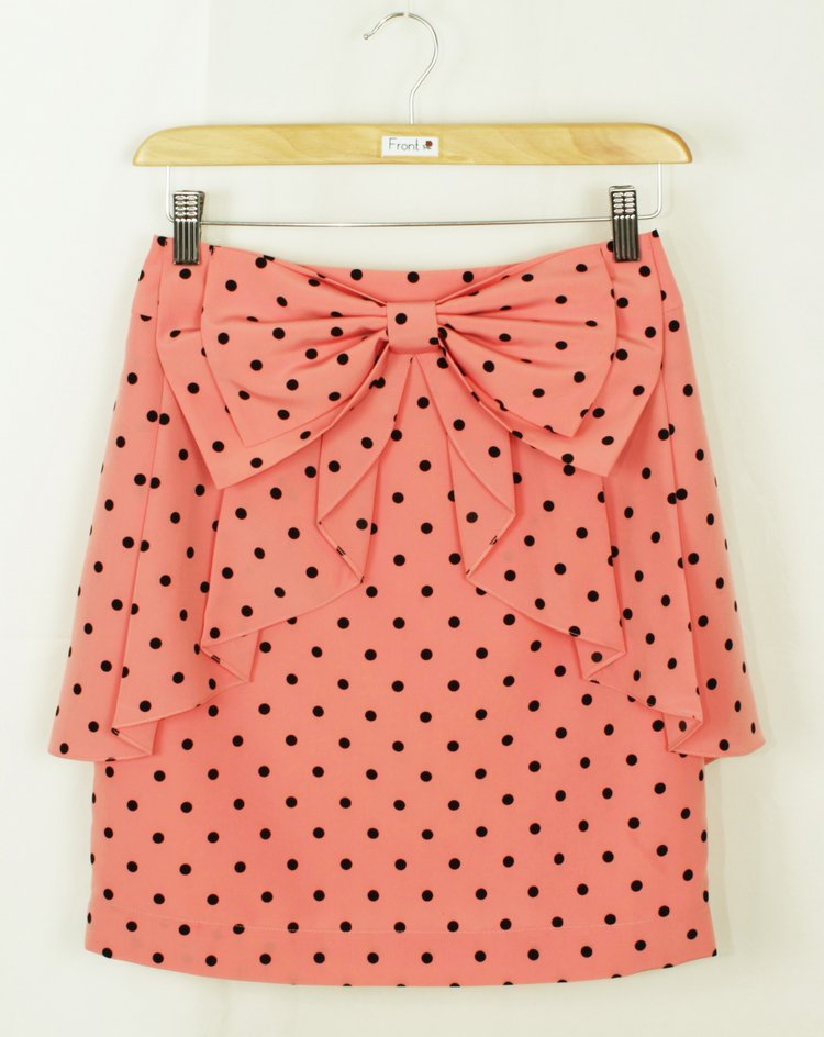 SK-169 กระโปรงแฟชั่น&ทำงาน ผ้า HIGH TWICH POKADOT สีชมพูโอรส มีโบว์ซ้อนกัน 2 ชั้น