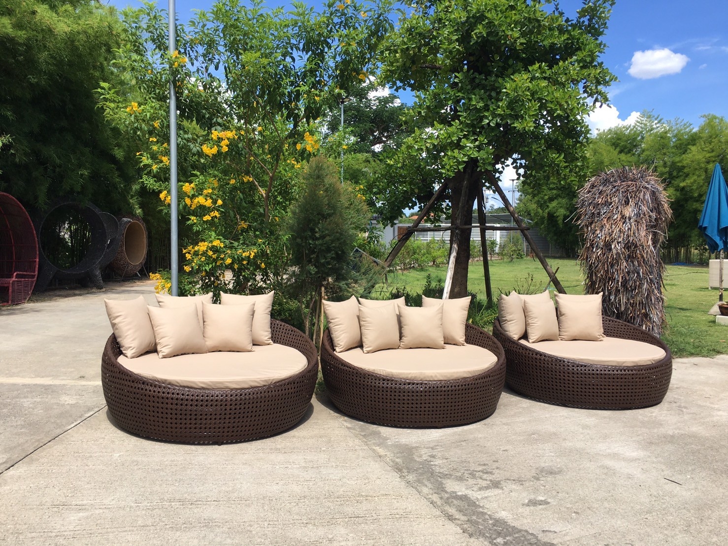 Daybed หวายทรงกลมพร้อมเบาะ และหมอนอิง