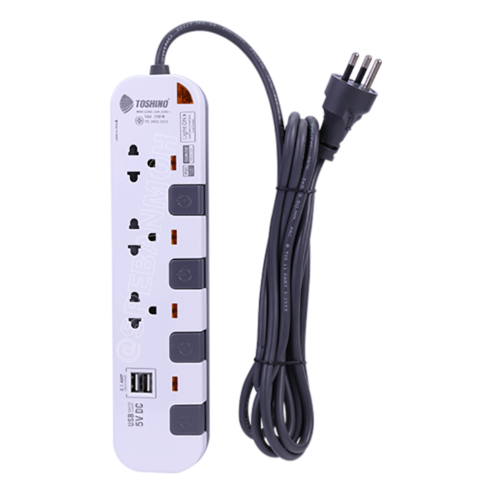 P3375USB-3M ปลั๊กพ่วง Toshino รางปลั๊กไฟ P Series รุ่น P3375USB สายยาว 3 เมตร 3ช่อง 2USB 2.1A 4สวิตซ์ 3เมตร 250V 10A 2300W ระบบ Surge Protection ป้องกันไฟกระชาก Circuit Breaker ป้องกันไฟเกิน ผลิตจากวัสดุไม่ลามไฟ ม่านนิรภัย ป้องกันนิ้วมือสัมผัสทองเหลืองด้า