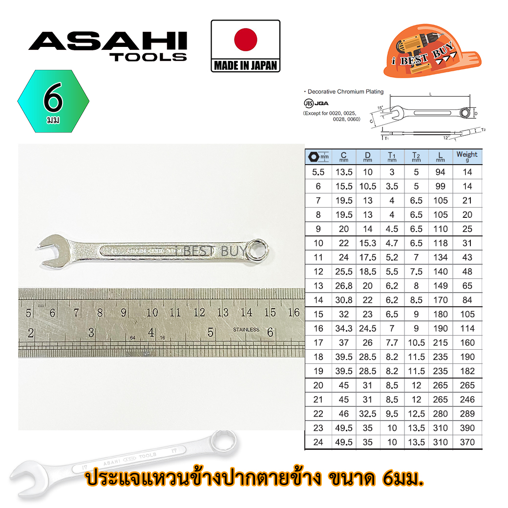 Asahi ประแจแหวนข้างปากตาย อาซาฮี ขนาด 6มม. ผลิตจากประเทศญี่ปุ่น แท้