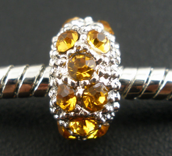 ลูกปัดยุโรป โลหะสีเงิน ประดับพลอย Rhinestone สีเหลือง ขนาด 10x6มม. 1 เม็ด