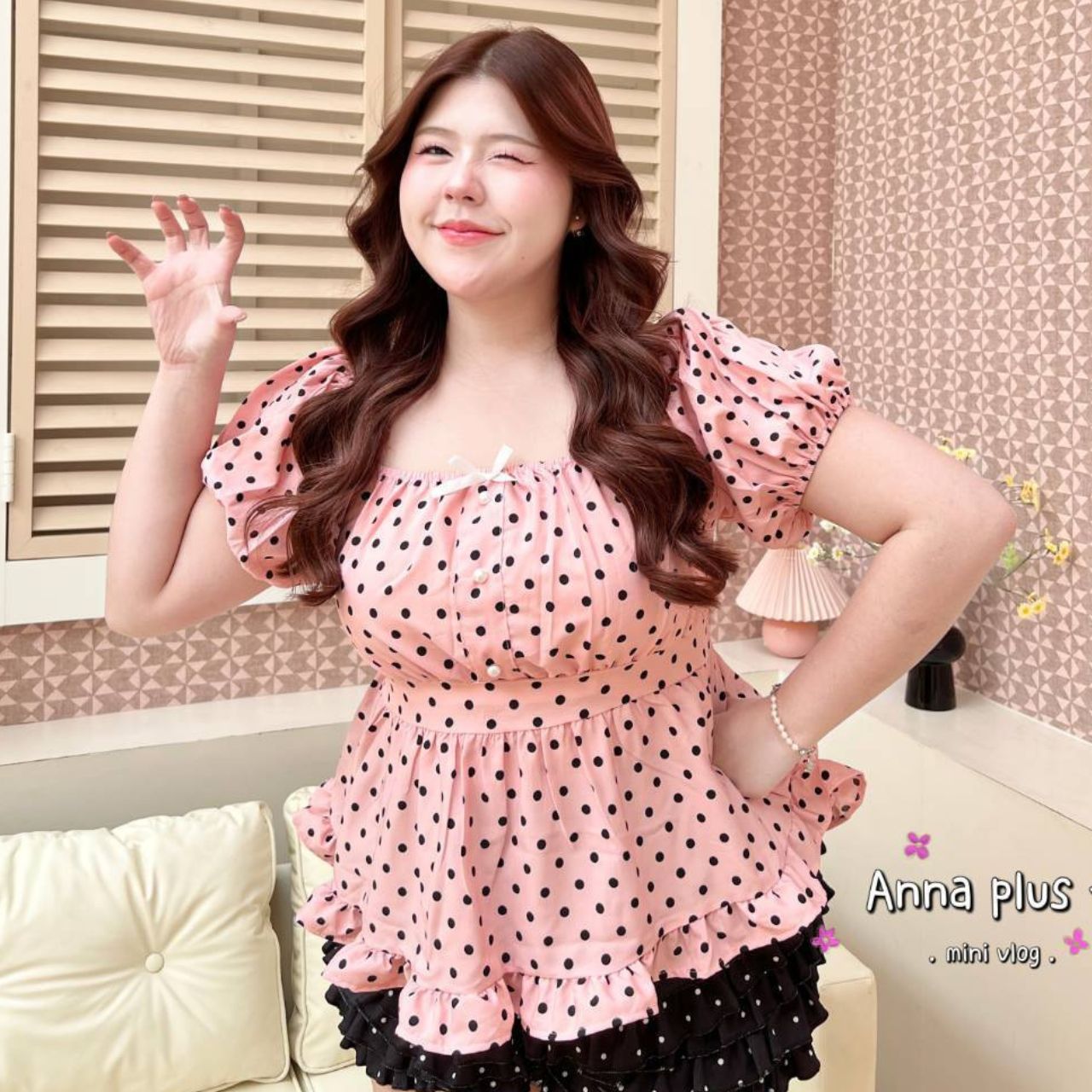 A231 เสื้อสาวอวบ Plus size ลายจุด แขนตุ๊กตา ดำ ขาว ชมพู อก 40-50นิ้ว