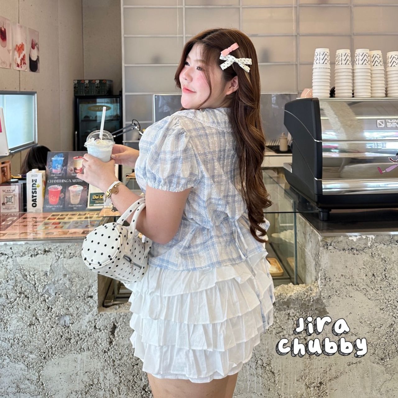 J152 เสื้อสาวอวบ คอบัวแต่งลูกไม้ แขนตุ๊กตา มีเชือกพูกหลัง ฟ้า ชมพู อกได้ถึง48นิ้ว หน้าผ้า50นิ้ว