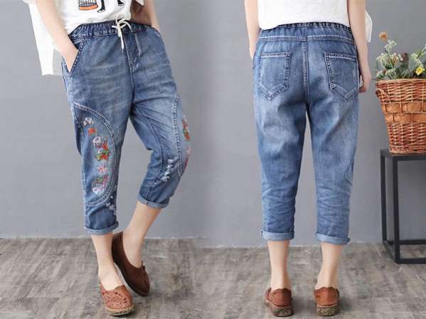 JPNT-004 กางเกงยีนส์ขายาว 5 ส่วน ปักลายดอกไม้ เอวยางยืด เนื้อผ้านิ่มไม่หนา
