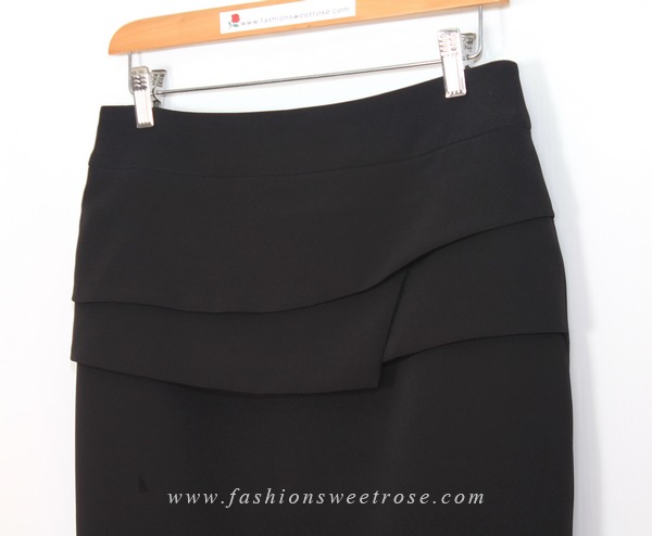 SK-468 กระโปรงทรงสอบ ผ้า Double Twist สีดำ แต่งผ้าซ้อน 3 ชิ้น