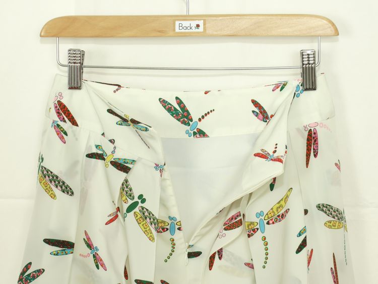 SK-164 กระโปรงแฟชั่น&ทำงาน ผ้าหางกระรอกพิมพ์ลายแมลงปอพื้นขาว มีโบว์ซ้อนกัน 2 ชั้น