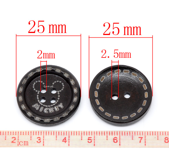 กระดุมไม้เพ้นท์ลายสีน้ำตาลเข้ม 25mm. 20 เม็ด คละแบบ