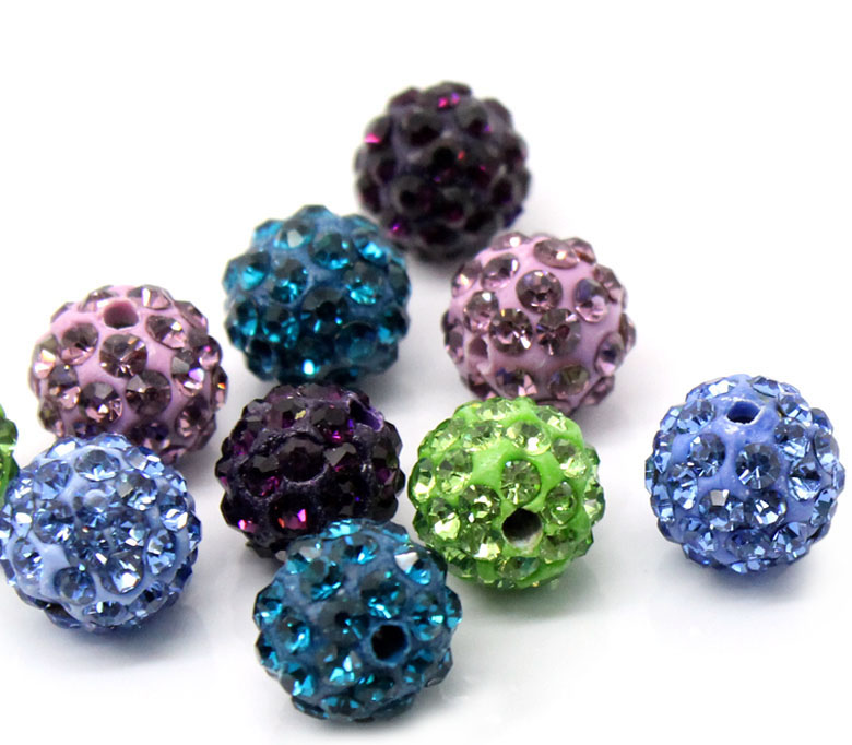 ลูกปัดบอล Polymer Clay ประดับพลอย Rhinestone ใส ขนาด 10mm แพ็ค 10 เม็ด (มี 2 สี ชมพู5 ม่วง5)