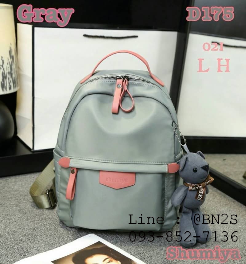Shumiya กระเป๋าเป้ใบมินิ ทรง Palm Spring ฟรีตุ๊กตาหมีห้อย สีเทา