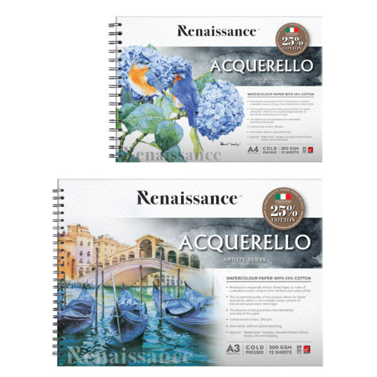 สมุดวาดรูป สมุดวาดเขียนสีน้ำ Renaissance ACQUERELLO 25% Cotton 300 แกรม