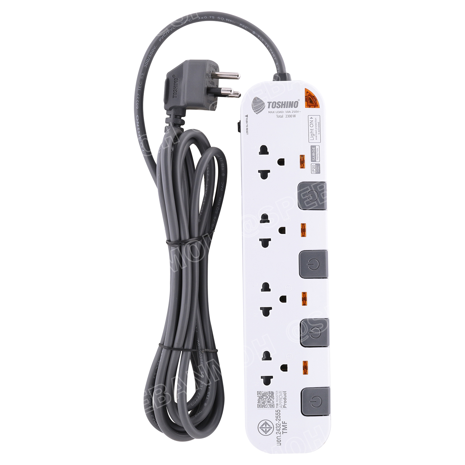 P4375-3M-WGS รุ่นพิเศษ หัวปลั๊กงอ 90 องศา ปลั๊กพ่วง Toshino P Series รางปลั๊กไฟ Toshino รุ่น P4375 3 เมตร 4ช่อง 4สวิตซ์ 3เมตร 250V 10A 2300W ระบบ Surge Protection ป้องกันไฟกระชาก Circuit Breaker ป้องกันไฟเกิน ผลิตจากวัสดุไม่ลามไฟ ม่านนิรภัย ป้องกันนิ้วมือ