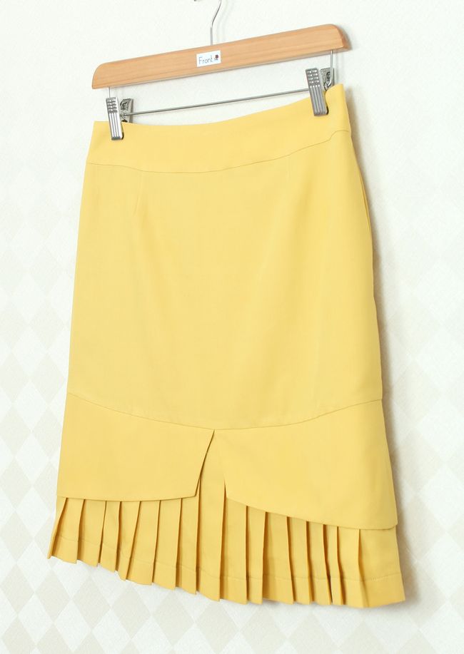 SK-282 กระโปรงแฟชั่น&ทำงาน ทรงสอบ ผ้าคอตต้อนญี่ปุ่นสีเหลือง ชายกระโปรงจับจีบรอบตัว