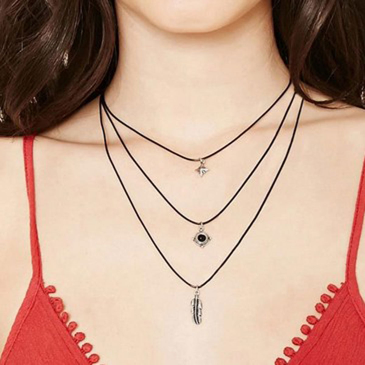 สร้อยคอ Choker แฟชั่น สายหนัง จี้เงิน antique สามชั้น ดำ 1 เส้น