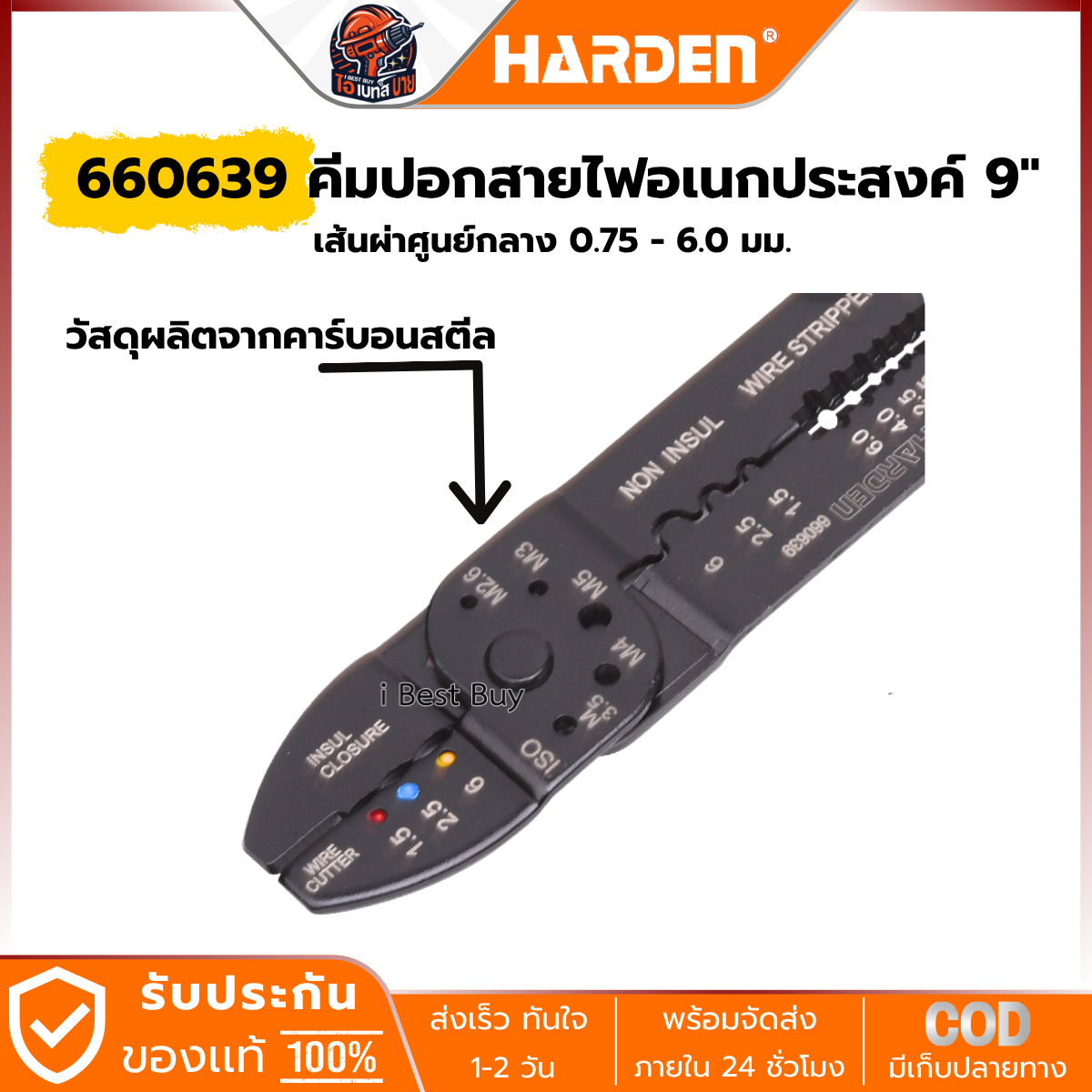 HARDEN คีมปอกสายไฟ อเนกประสงค์ 9นิ้ว เส้นผ่าศูนย์กลาง 0.75 - 6.0มม.รุ่น 660639