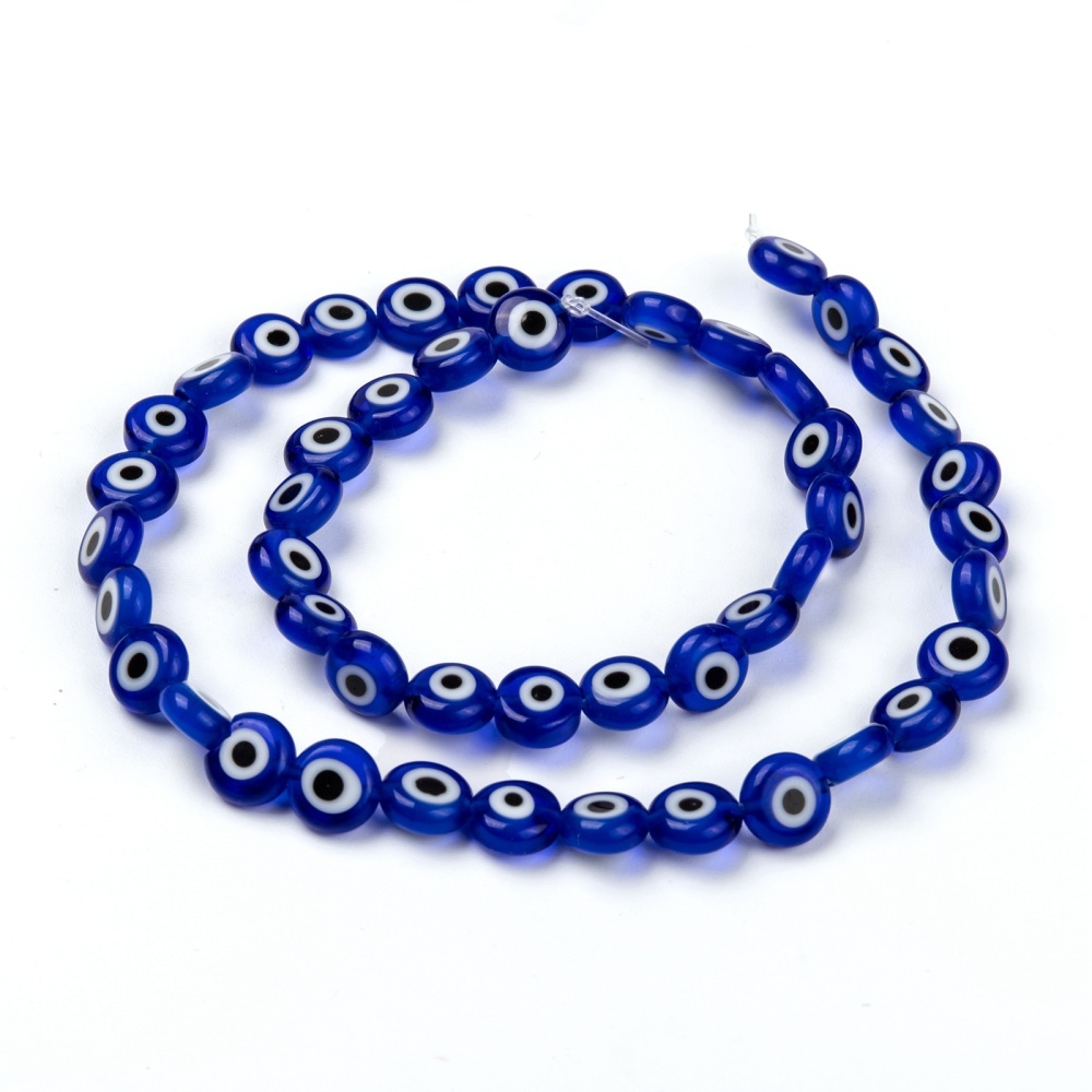 Handmade Evil Eye Lampwork Flat Round Bead Strands, Blue, ลูกปัด Evil Eye Lampwork เม็ดกลมแบน สีน้ำเงิน