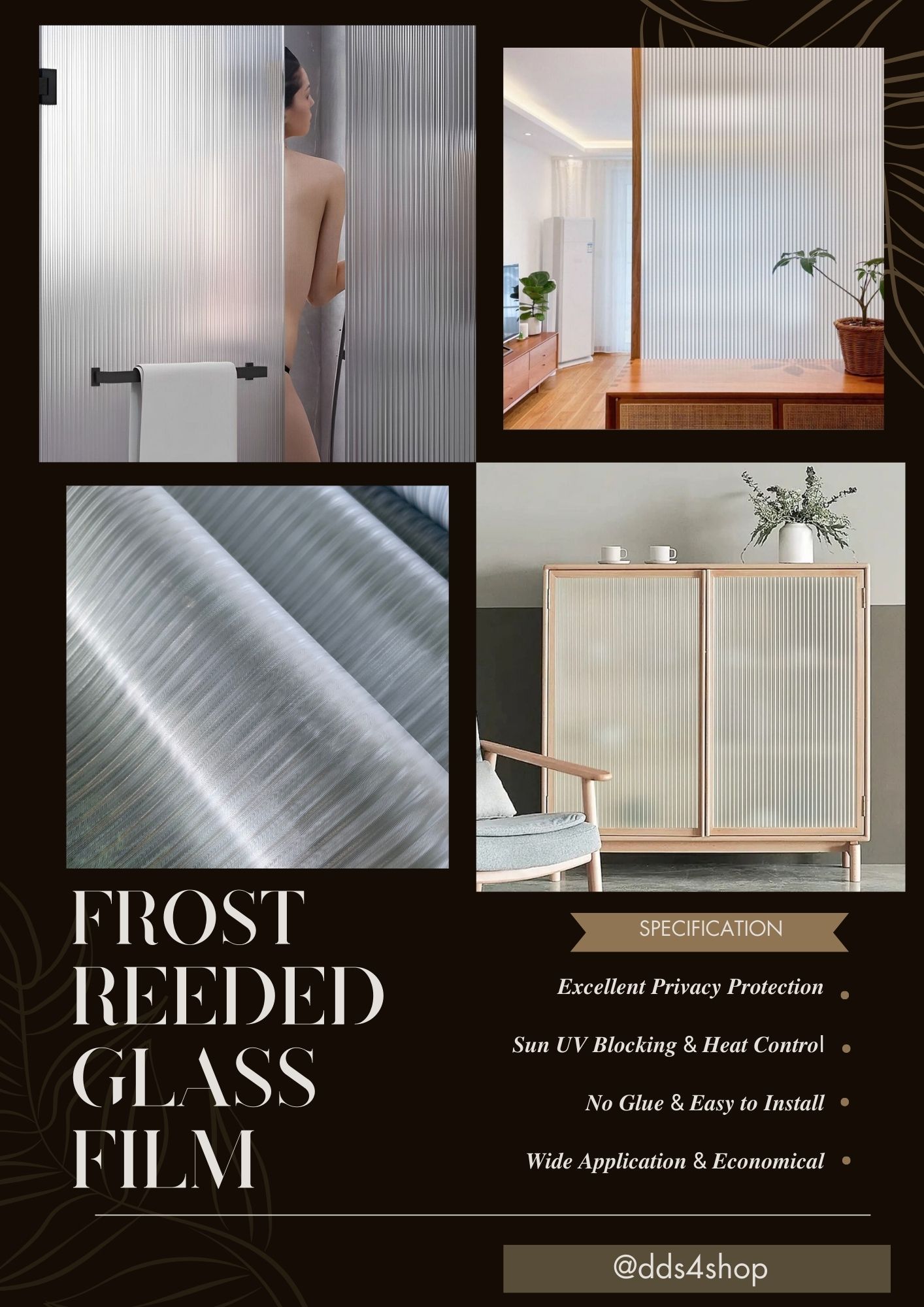 PVC สุญญากาศติดกระจก "ลายกระจกลอนแก้ว Frost Reeded Glass Fim" ขนาดหน้ากว้าง 90cm (สั่งมากกว่า 1m ตัดยาวต่อเนื่อง)