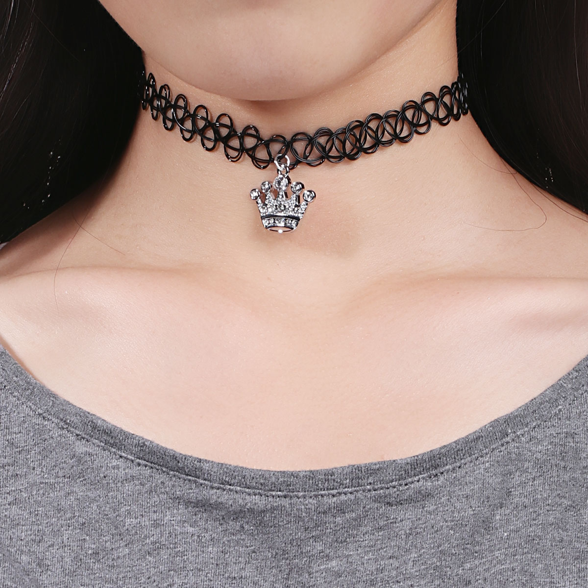 สร้อยคอ Tattoo Choker จี้เงินรูปมงกุฏ ยาว 30 cm 1 เส้น