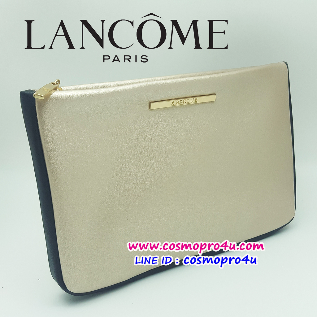 กระเป๋า LANCOME จาก ABSOLUE set สีทองขอบดำ สวยหรู หน้งนิ่ม มีโลโก้ ABSOLUE ที่กลางกระเป๋า ซิบมีโลโก้ลังโคม ซับในสีดำ ขนาด 8.5x5.5 นิ้ว