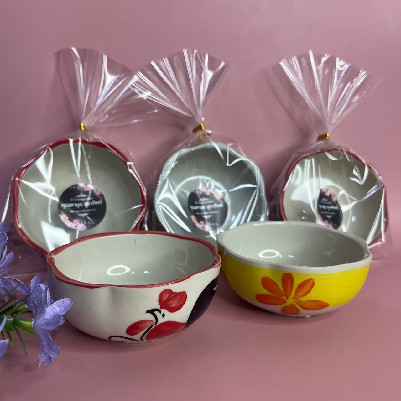 ถ้วยน้ำจิ้มเซรามิคเล็ก 9cm คละลาย / แพ็คถุงแก้วติดโบว์