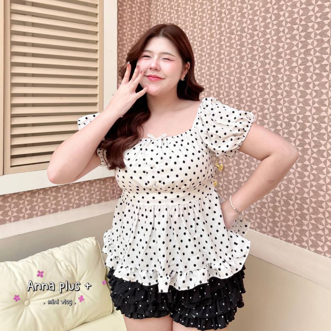 A231 เสื้อสาวอวบ Plus size ลายจุด แขนตุ๊กตา ดำ ขาว ชมพู อก 40-50นิ้ว