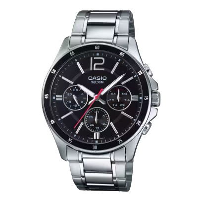 CASIO Standard รุ่น MTP-1374D-1AV สายสีเงิน หน้าปัดสีดำ จอในสีดำ สินค้าของเเท้ รับประกันศูนย์ CMG