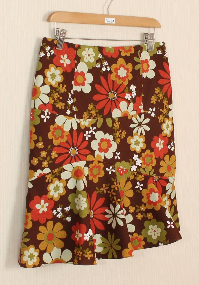 SK-236 กระโปรงแฟชั่น&ทำงาน ทรงย้วย ผ้าคอตต้อนญี่ปุ่นพิมพ์ลายดอกไม้ โทนน้ำตาลเข้ม