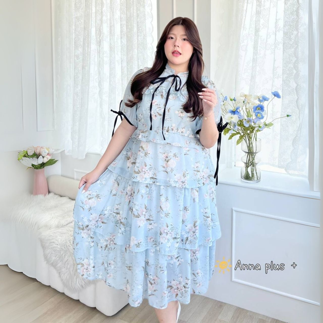 A187 แม็กซี่เดรส สาวอวบ งานกระโปรงซ้อนชั้น อกได้ถึง50นิ้ว หน้าผ้า52นิ้ว ฟ้า ชมพู เหลือง อก 40-50 นิ้ว