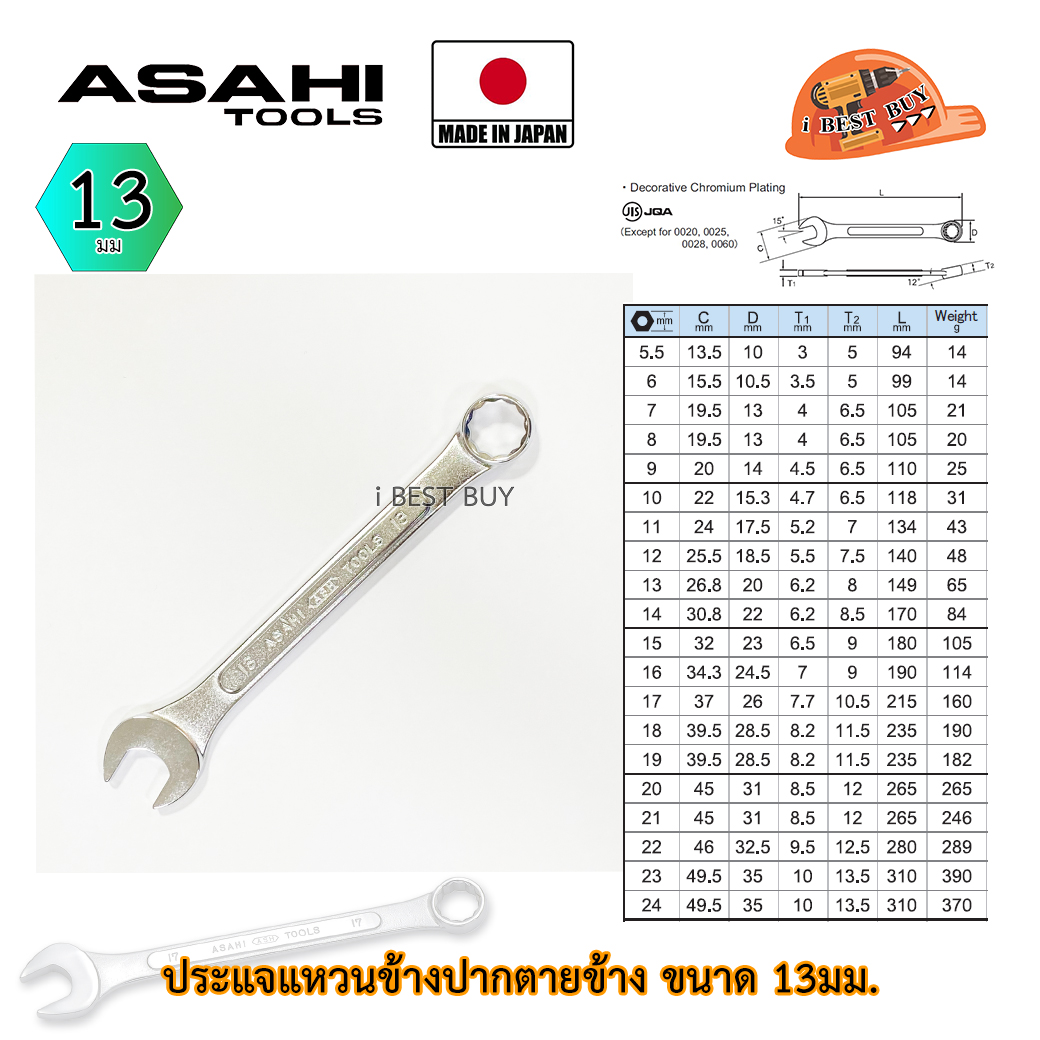 Asahi ประแจแหวนข้างปากตาย อาซาฮี ขนาด 13มม. ผลิตจากประเทศญี่ปุ่น แท้