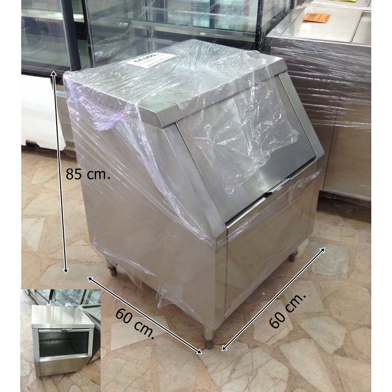 ถังน้ำแข็งสแตนเลส เกรด 304 แบบหน้าเฉียง ขนาด 60x60x80cm. ถังน้ำแข็งร้านกาแฟ ถังน้ำแข็งร้านอาหาร ตู้ใส่น้ำแข็งสแตนเลส