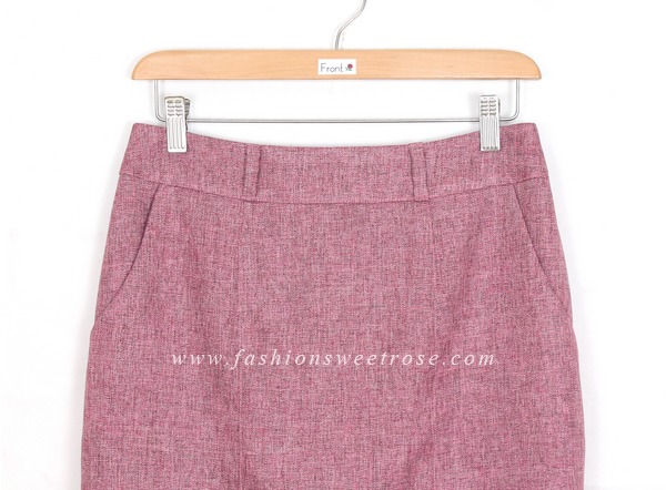 SK-431 กระโปรงแฟชั่น&ทำงาน ทรงสอบ ผ้าคอตต้อนลินินไอริสสีชมพู มีกระเป๋าล้วง 2 ข้าง