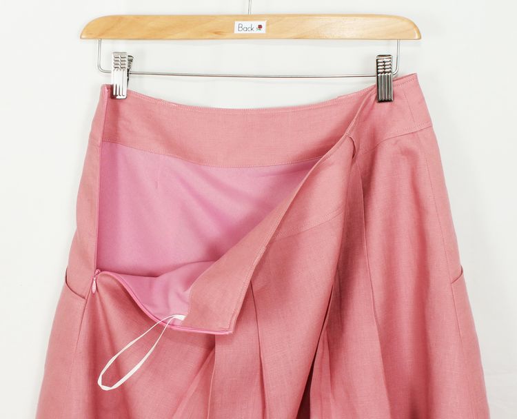 SK-192 กระโปรงแฟชั่น&ทำงาน ทรงบานผ้าลินินญี่ปุ่นสีชมพูพาสเทล มีกระเป๋าล้วงได้ 2 ข้าง