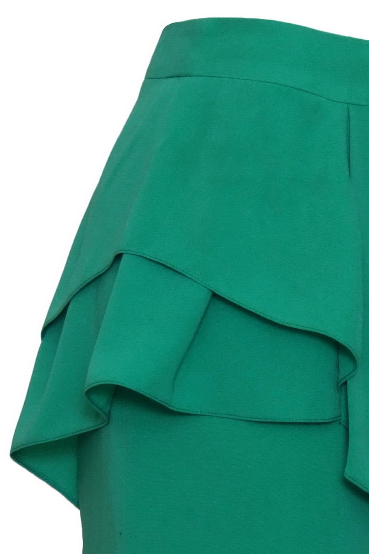 SK-084 กระโปรงทรงสอบ ผ้าคริสตัลสีเขียวมิ้นท์สีเขียวมิ้นท์ ด้านหน้า-ด้านข้างกระโปรงแต่งระบายไล่ระดับ