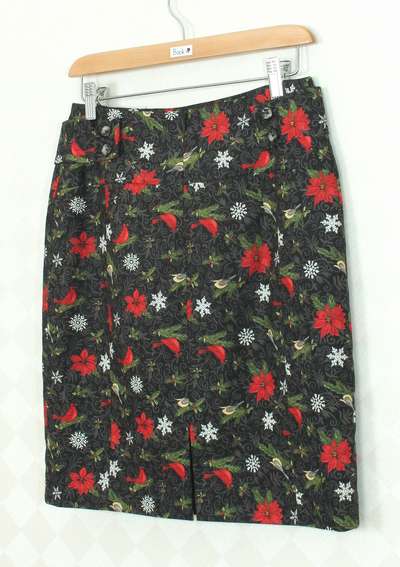 SK-337 กระโปรงแฟชั่น&ทำงาน ทรงสอบ ผ้าคอตต้อนญี่ปุ่นพิมพ์ลายดอกไม้และนก โทนสีเข้ม พร้อมโบว์คาดเอว