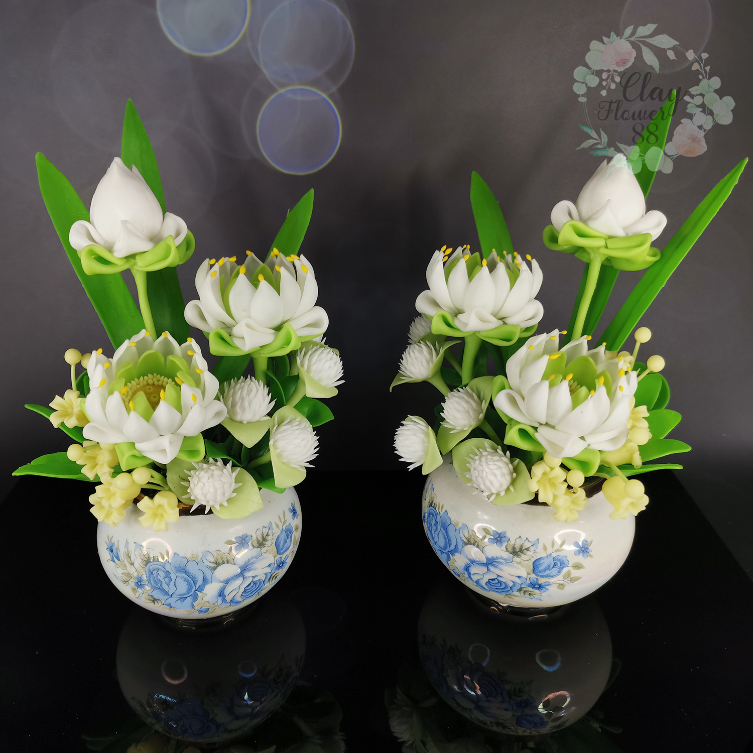 ชุดดอกบัวพับ สีขาว งานประดิษฐ์ ดินปั้น งานปั้น จาก ดินไทย (สูง 6 นิ้ว จำหน่ายเป็นคู่)