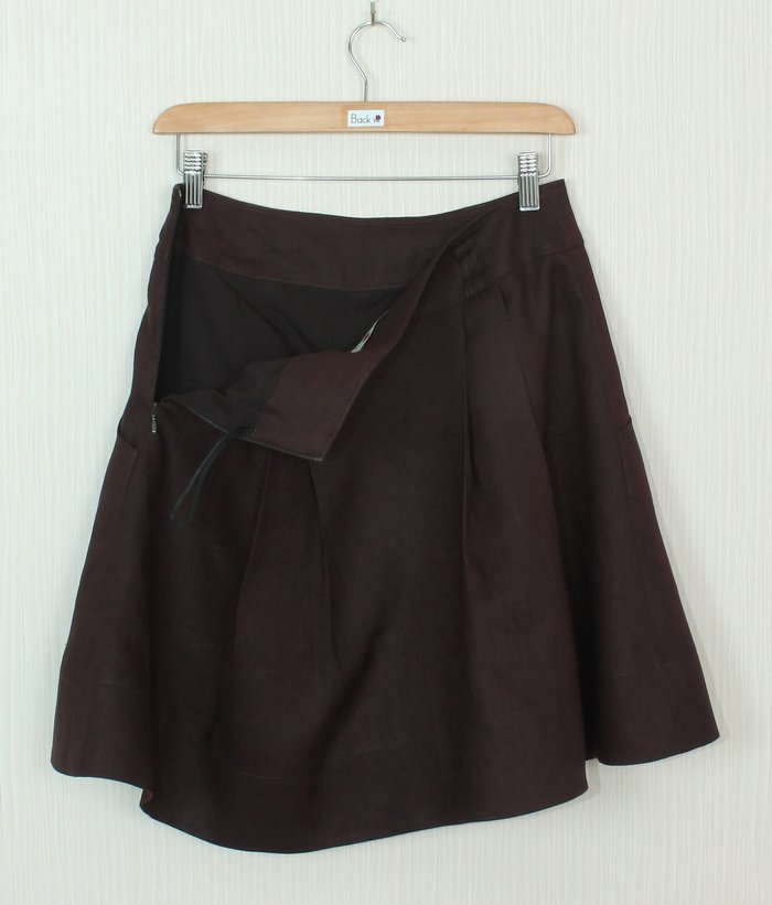 SK-240 กระโปรงแฟชั่น&ทำงาน ทรงบาน ผ้าลินินญี่ปุ่นสีน้ำตาลเข้ม มีกระเป๋าล้วงได้ 2 ข้าง