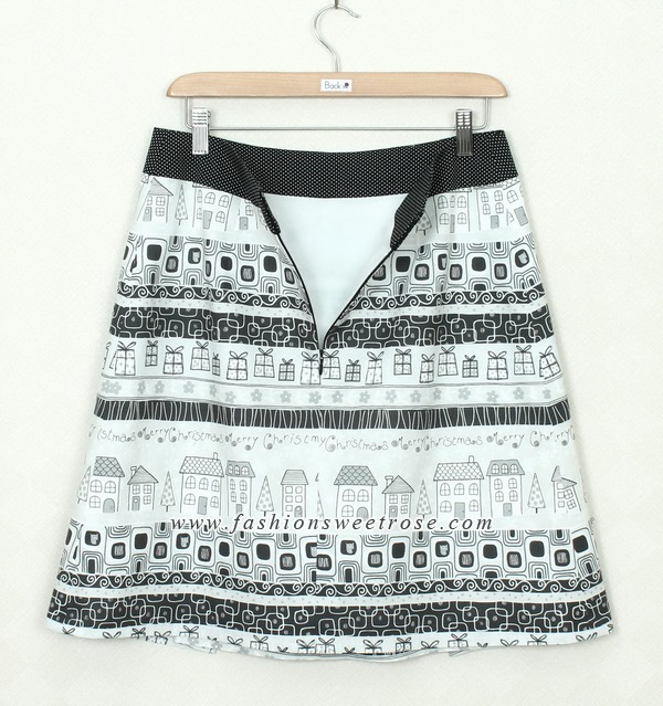 SK-327 กระโปรงแฟชั่น&ทำงาน ทรงบาน ผ้าคอตต้อนญี่ปุ่นพิมพ์ลายกราฟฟิกโทนขาว-ดำ