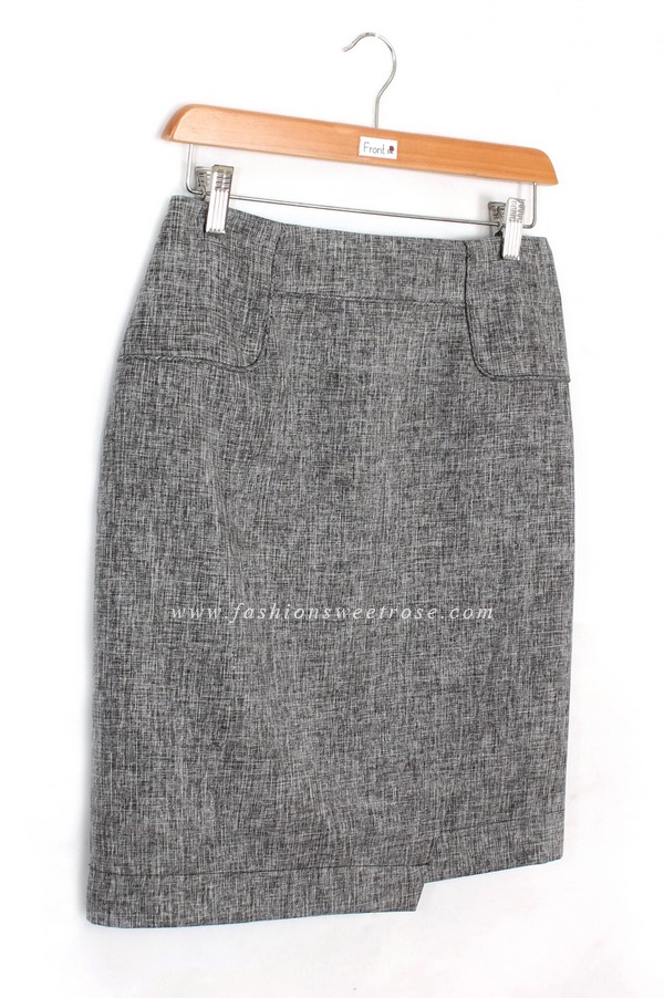 กระโปรงแฟชั่น&ทำงาน กระโปรงทรงสอบผ้าคอตต้อนลินินไอริส สีดำ ด้านหน้ากระโปรงดีไซน์เรียบหรู / SK-432