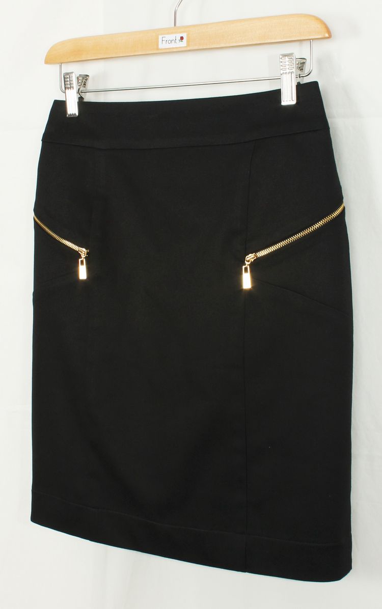 SK-120 กระโปรงแฟชั่น&ทำงาน ทรงสอบแต่งด้วยซิปฟันทอง ผ้าคอตต้อนญี่ปุ่นผสมสเปนเดกสีดำ